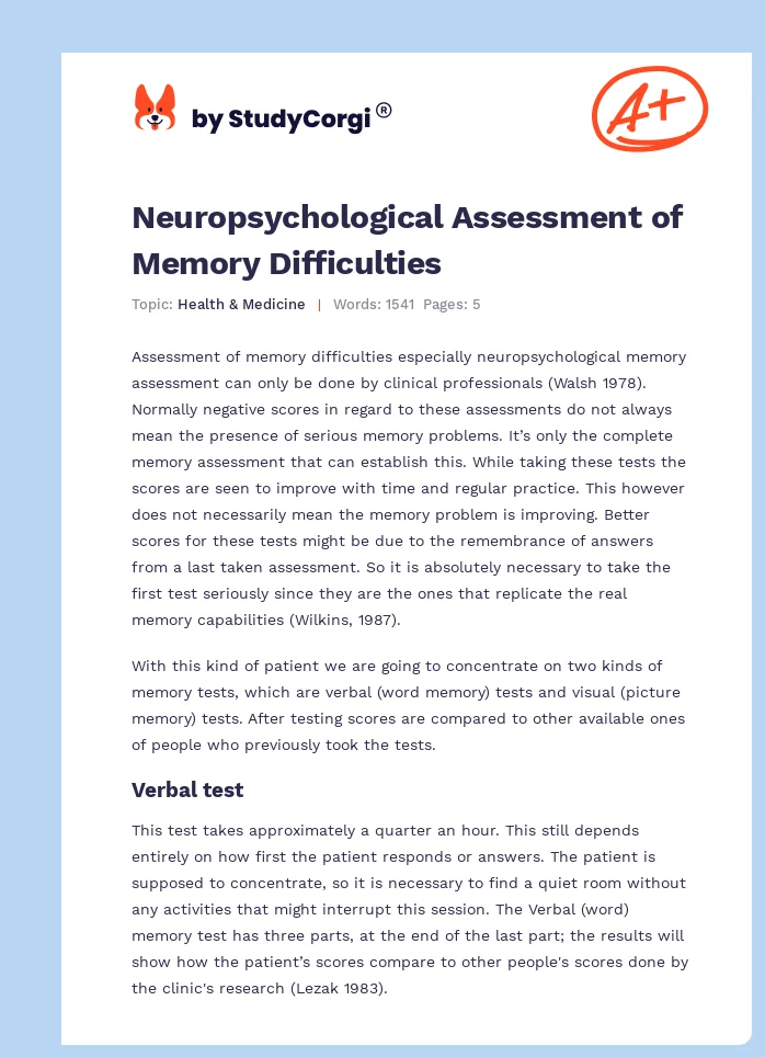 Neuropsychological Assessment of Memory Difficulties. Page 1