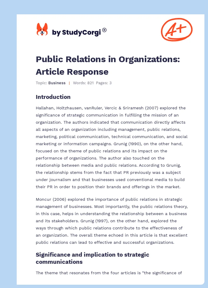 Public Relations in Organizations: Article Response. Page 1