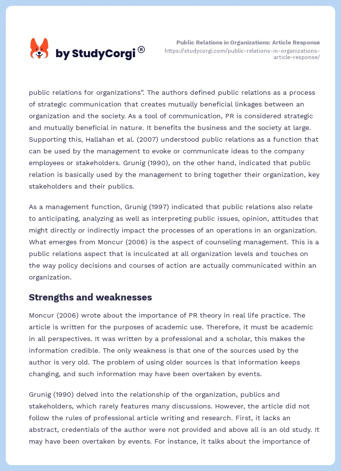 Public Relations in Organizations: Article Response. Page 2
