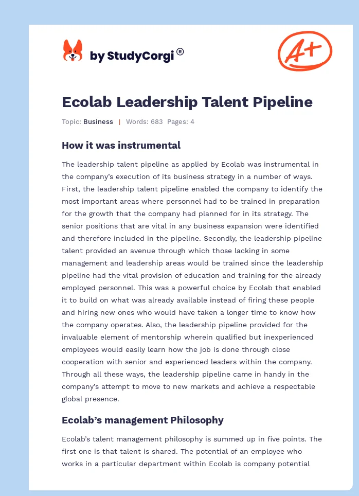 Ecolab Leadership Talent Pipeline. Page 1
