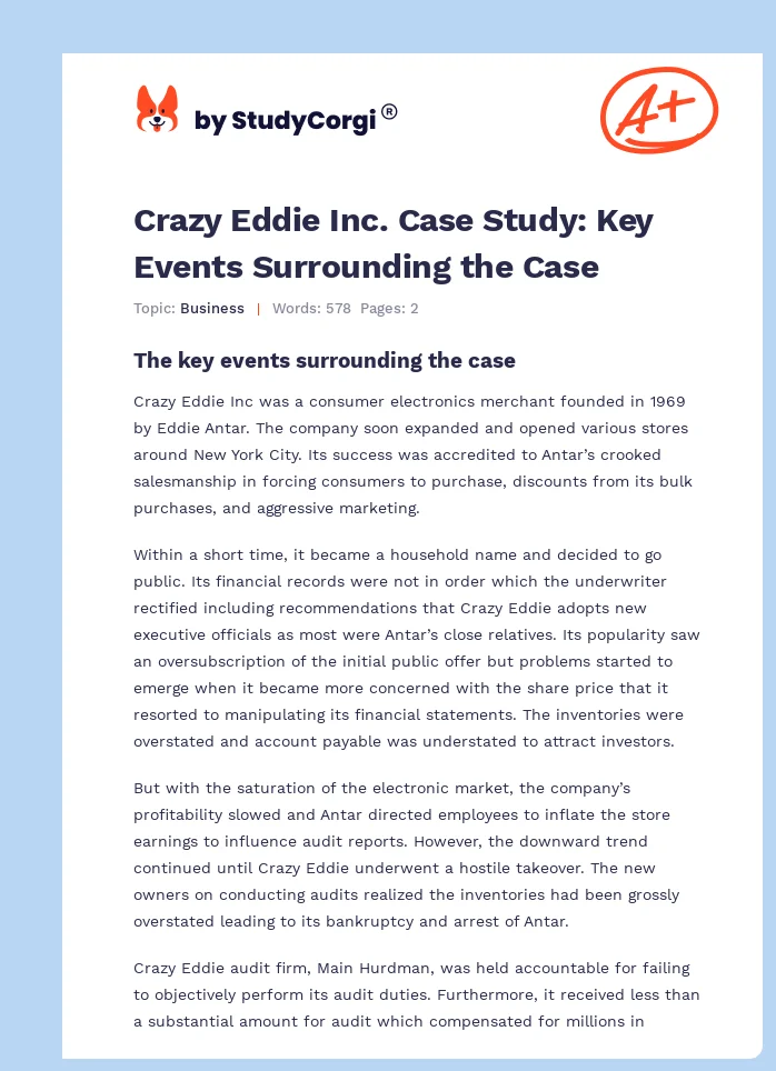 Crazy Eddie Inc. Case Study: Key Events Surrounding the Case. Page 1