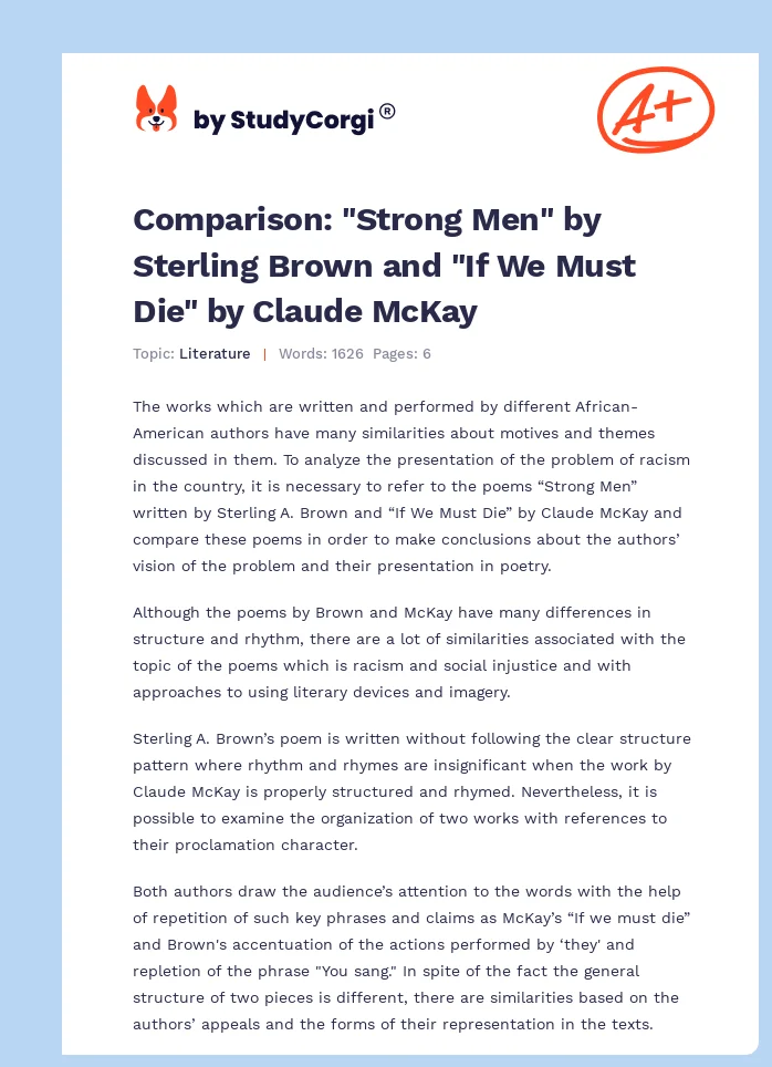 Comparison: "Strong Men" by Sterling Brown and "If We Must Die" by Claude McKay. Page 1