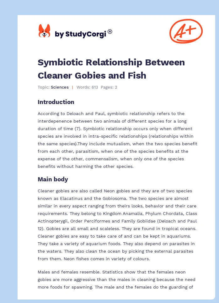 Symbiotic Relationship Between Cleaner Gobies and Fish. Page 1