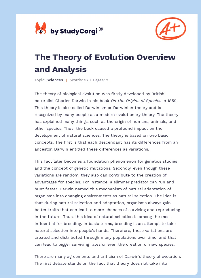 The Theory of Evolution Overview and Analysis. Page 1