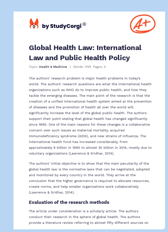 Global Health Law: International Law and Public Health Policy. Page 1