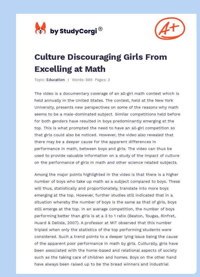 Culture Discouraging Girls From Excelling at Math. Page 1