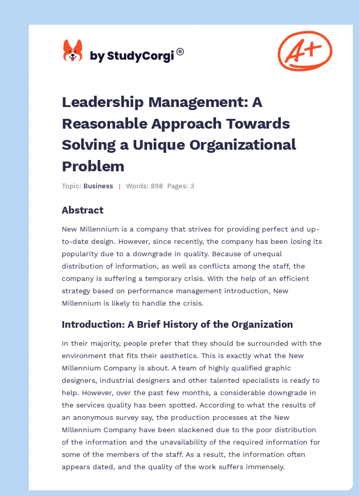 Leadership Management: A Reasonable Approach Towards Solving a Unique Organizational Problem. Page 1