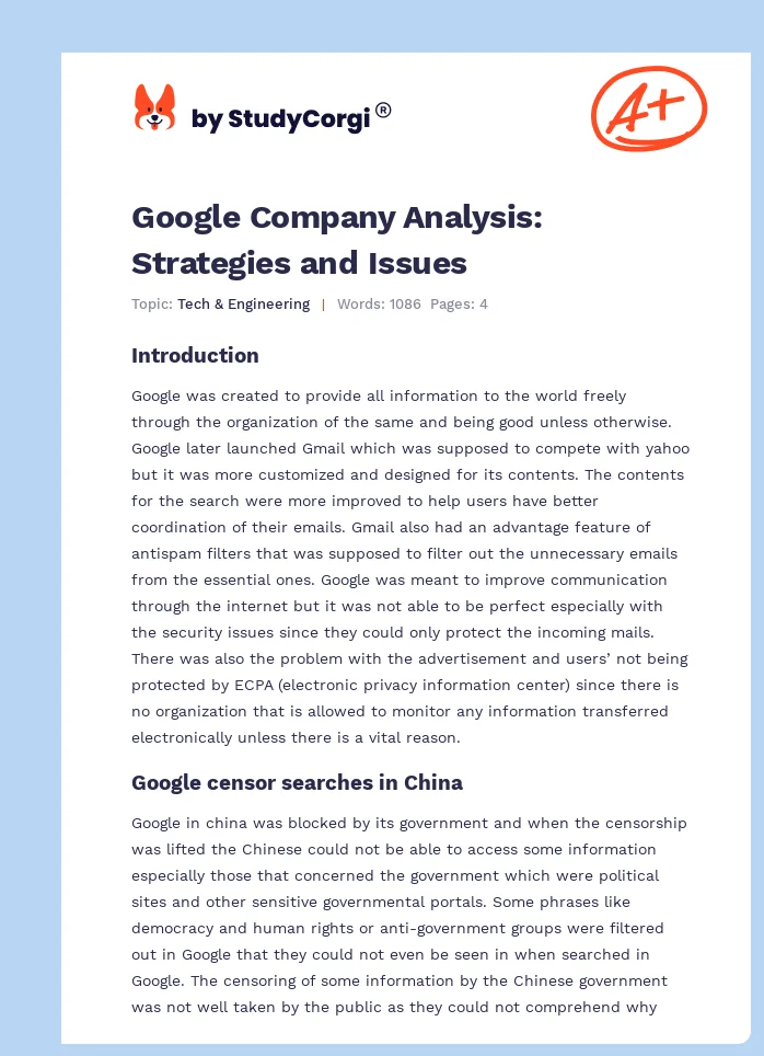 Google Company Analysis: Strategies and Issues. Page 1
