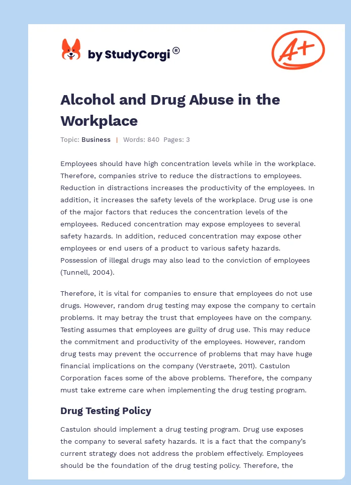 Alcohol and Drug Abuse in the Workplace. Page 1