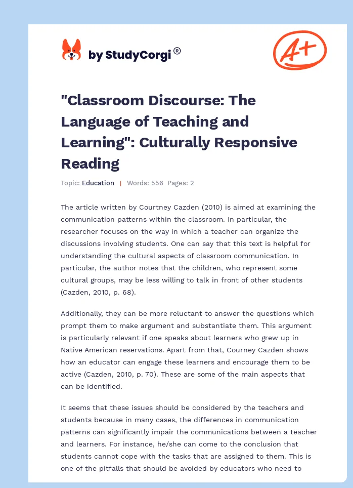"Classroom Discourse: The Language of Teaching and Learning": Culturally Responsive Reading. Page 1