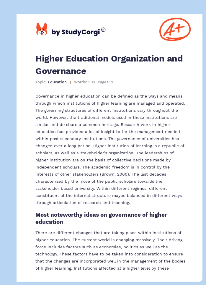 Higher Education Organization and Governance. Page 1