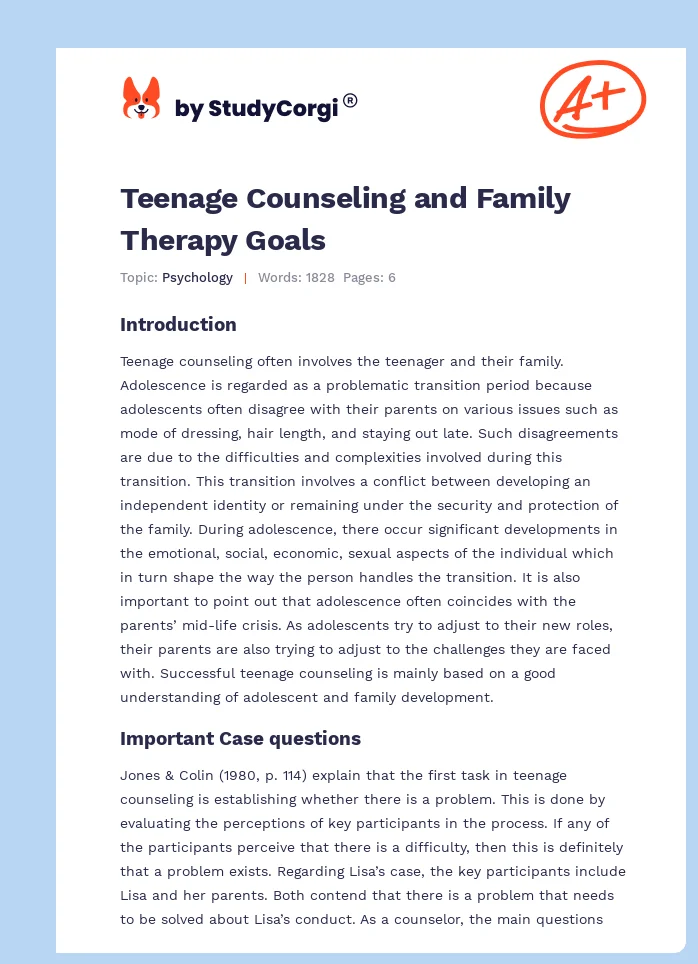 Teenage Counseling and Family Therapy Goals. Page 1