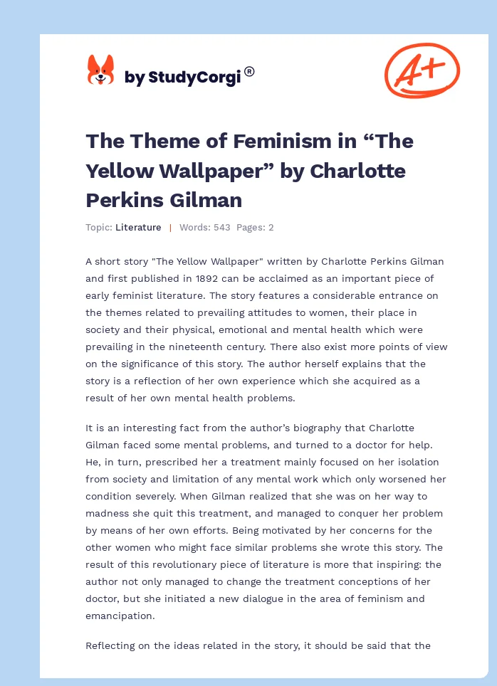 The Theme of Feminism in “The Yellow Wallpaper” by Charlotte Perkins Gilman. Page 1