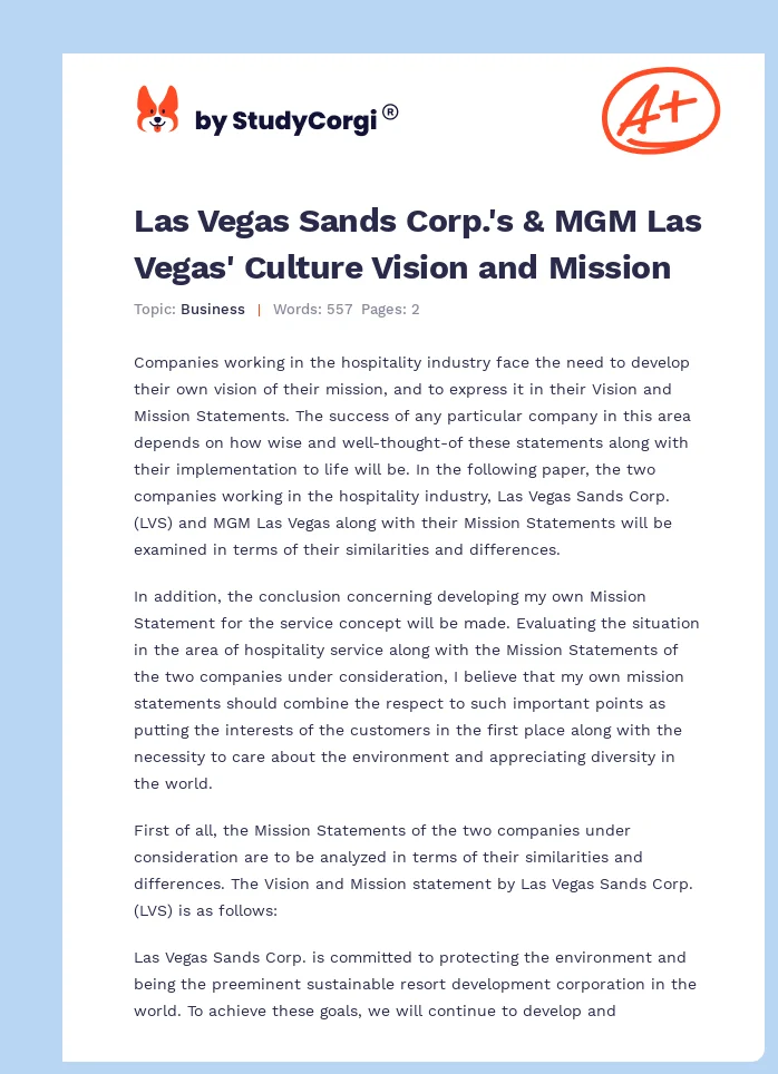 Las Vegas Sands Corp.'s & MGM Las Vegas' Culture Vision and Mission. Page 1