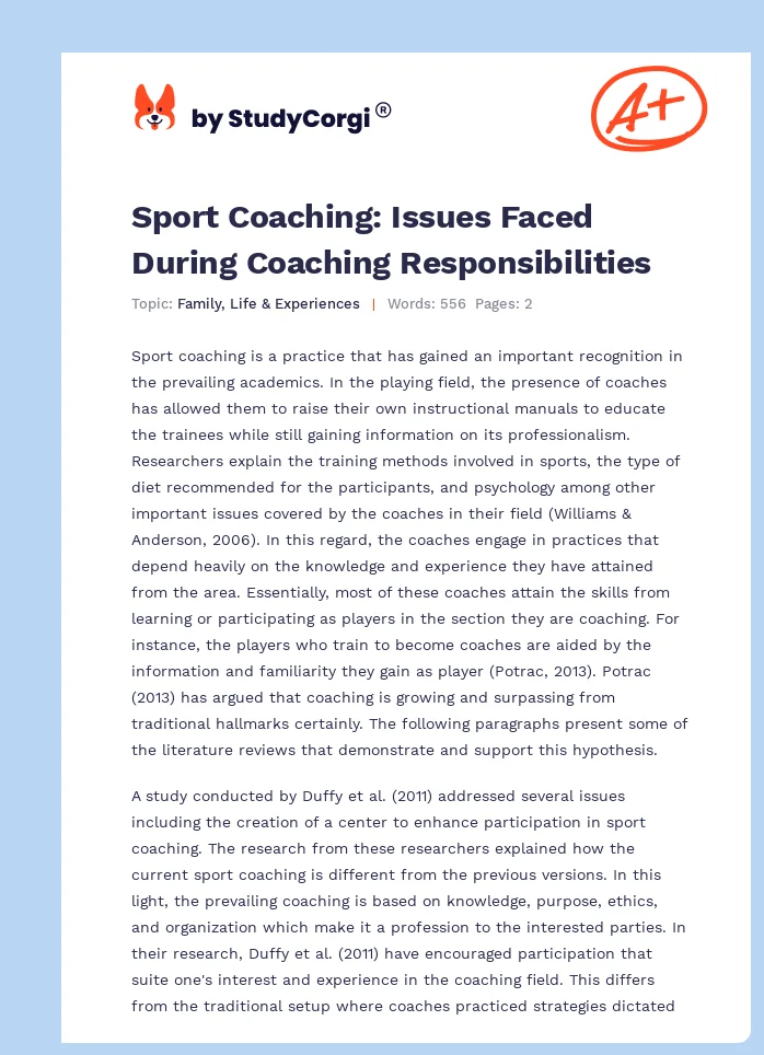 Sport Coaching: Issues Faced During Coaching Responsibilities. Page 1