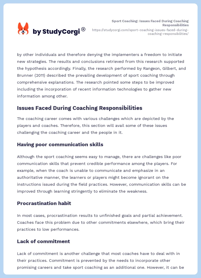 Sport Coaching: Issues Faced During Coaching Responsibilities. Page 2