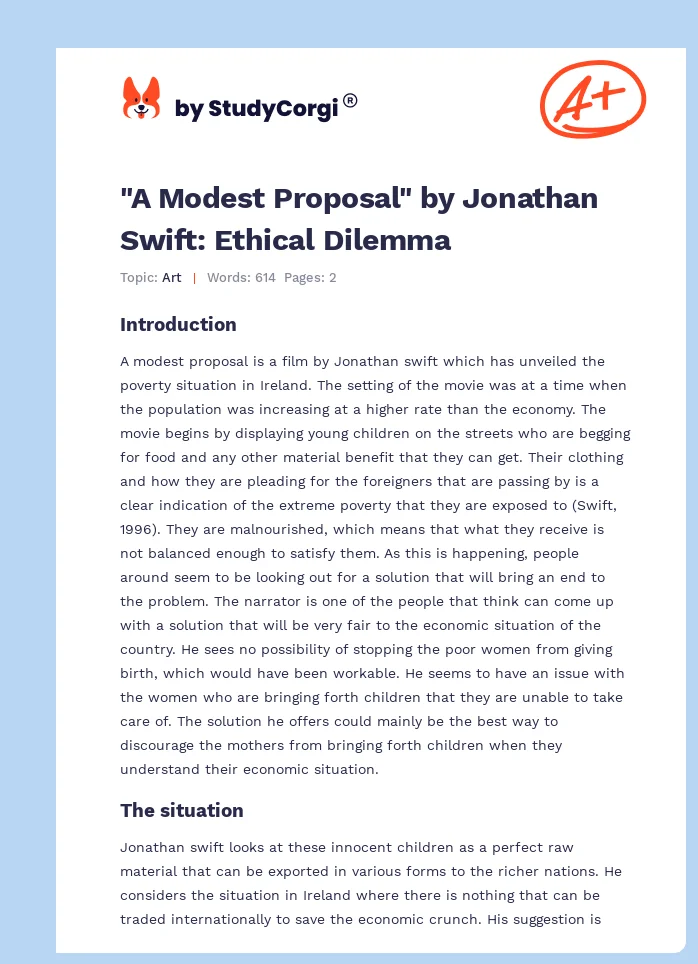 "A Modest Proposal" by Jonathan Swift: Ethical Dilemma. Page 1
