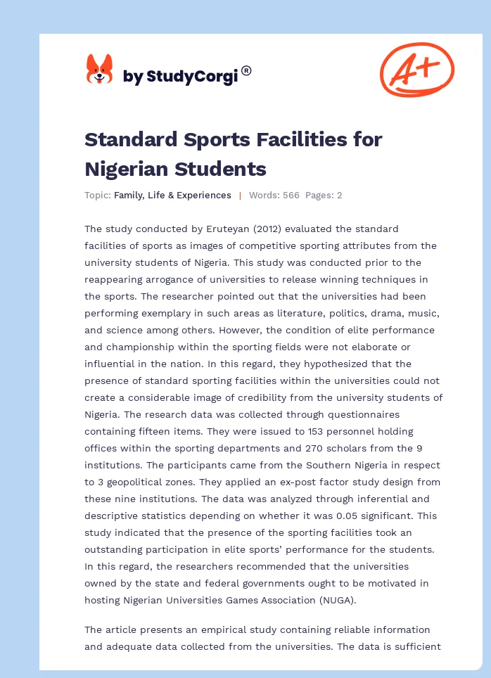 Standard Sports Facilities for Nigerian Students. Page 1
