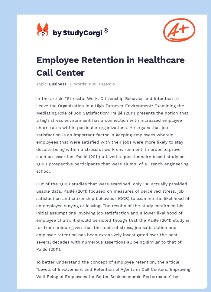 Employee Retention in Healthcare Call Center. Page 1