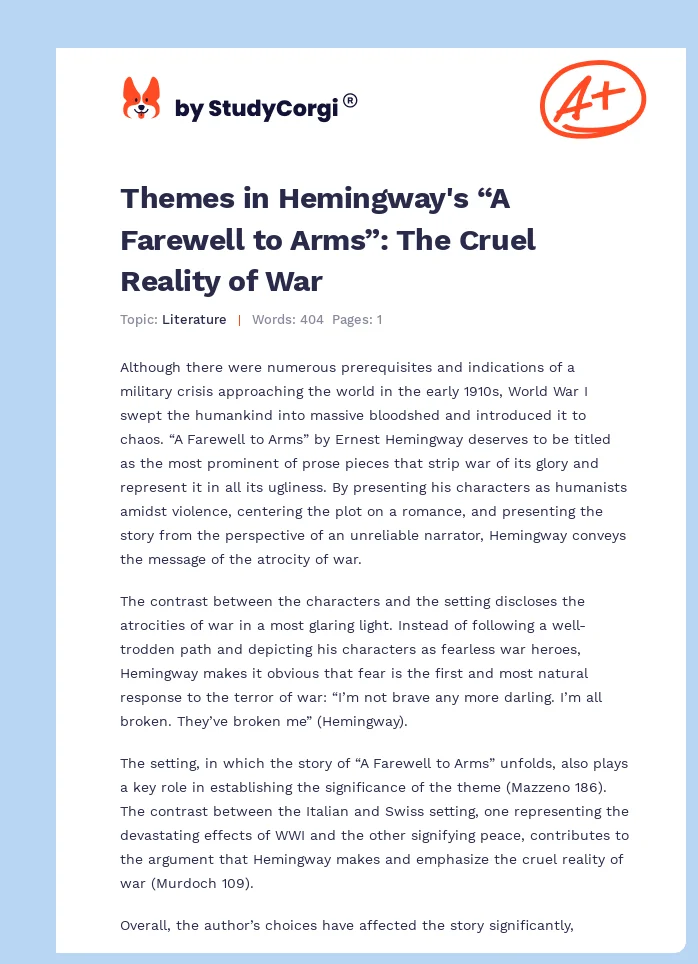 Themes in Hemingway's “A Farewell to Arms”: The Cruel Reality of War. Page 1