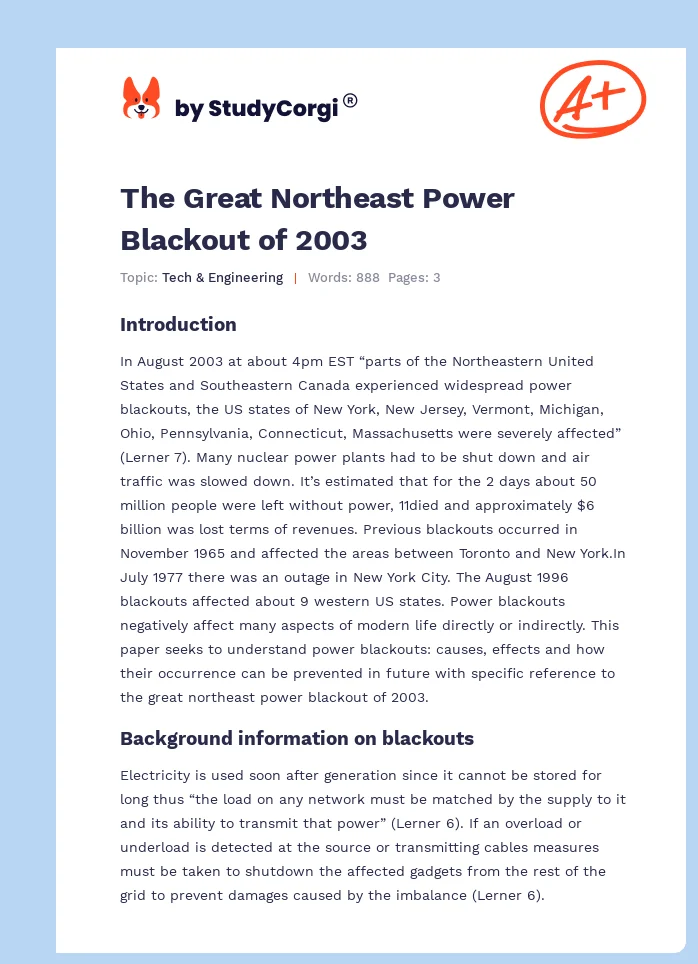 The Great Northeast Power Blackout of 2003. Page 1