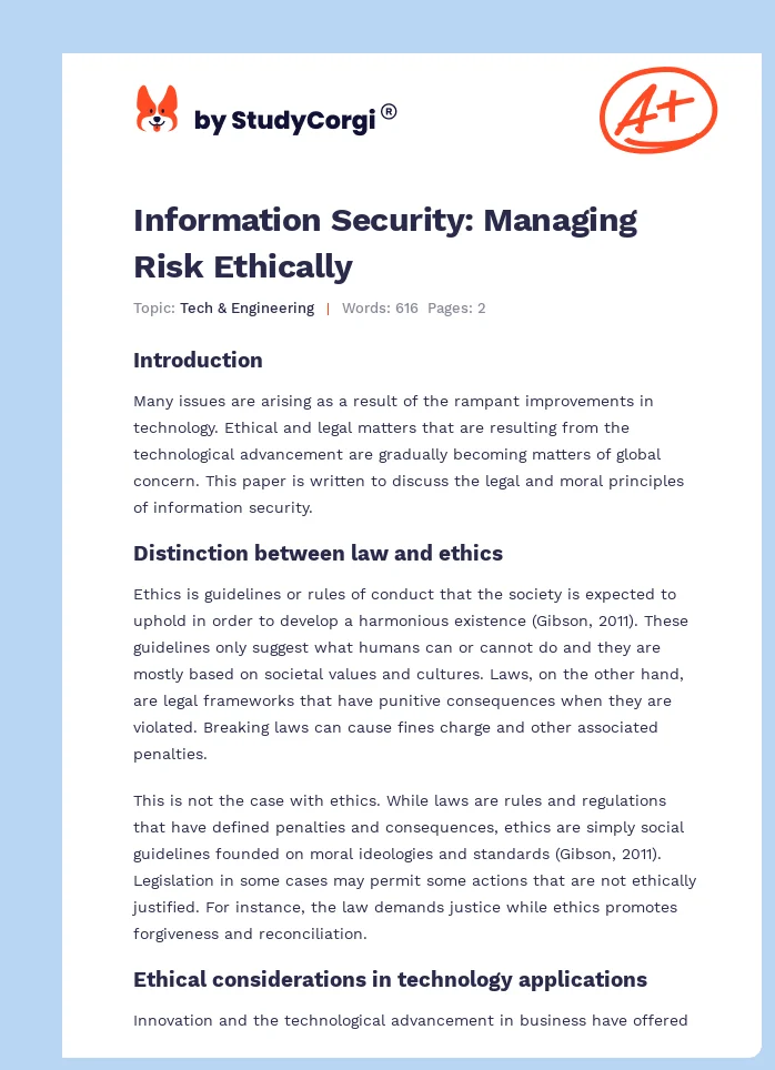 Information Security: Managing Risk Ethically. Page 1