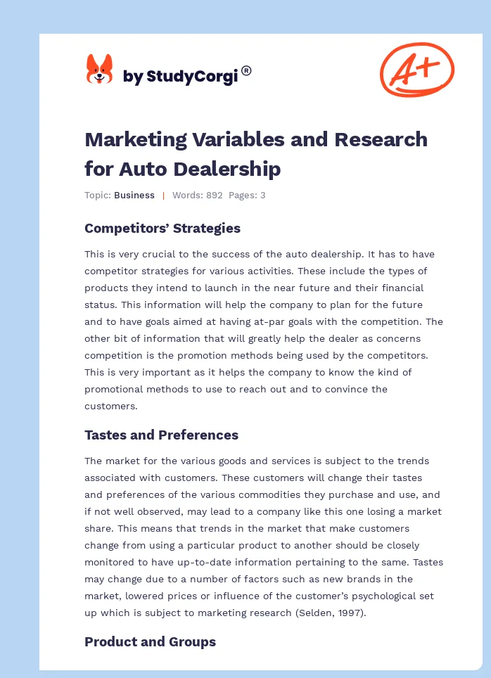 Marketing Variables and Research for Auto Dealership. Page 1