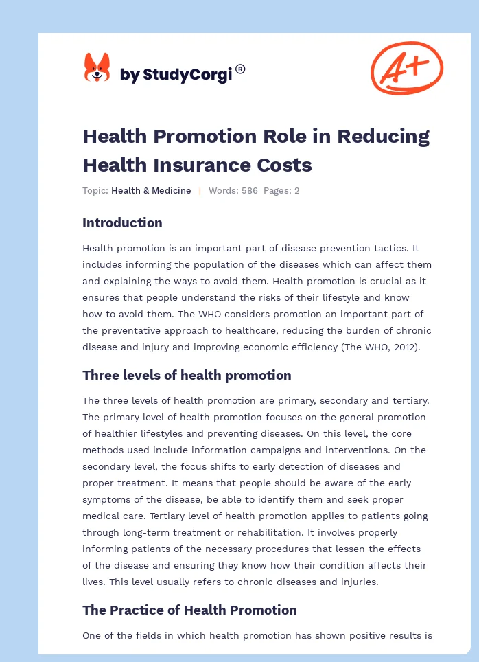 Health Promotion Role in Reducing Health Insurance Costs. Page 1