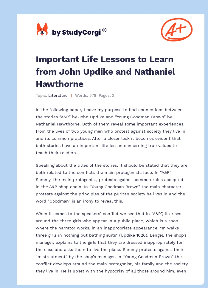 Important Life Lessons to Learn from John Updike and Nathaniel Hawthorne. Page 1