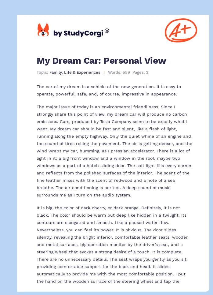 essay on dream car in english