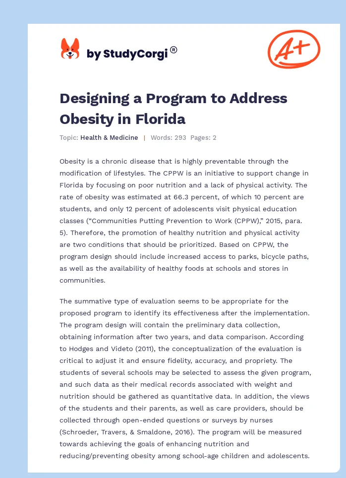 Designing a Program to Address Obesity in Florida. Page 1