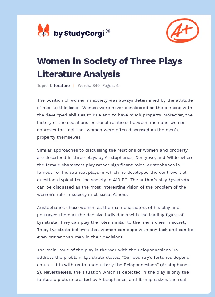 Women in Society of Three Plays Literature Analysis. Page 1