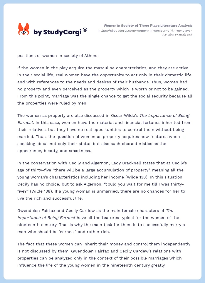 Women in Society of Three Plays Literature Analysis. Page 2