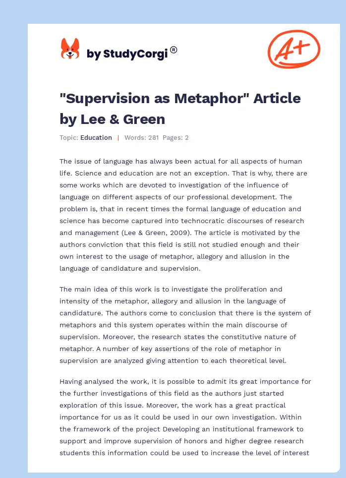 "Supervision as Metaphor" Article by Lee & Green. Page 1