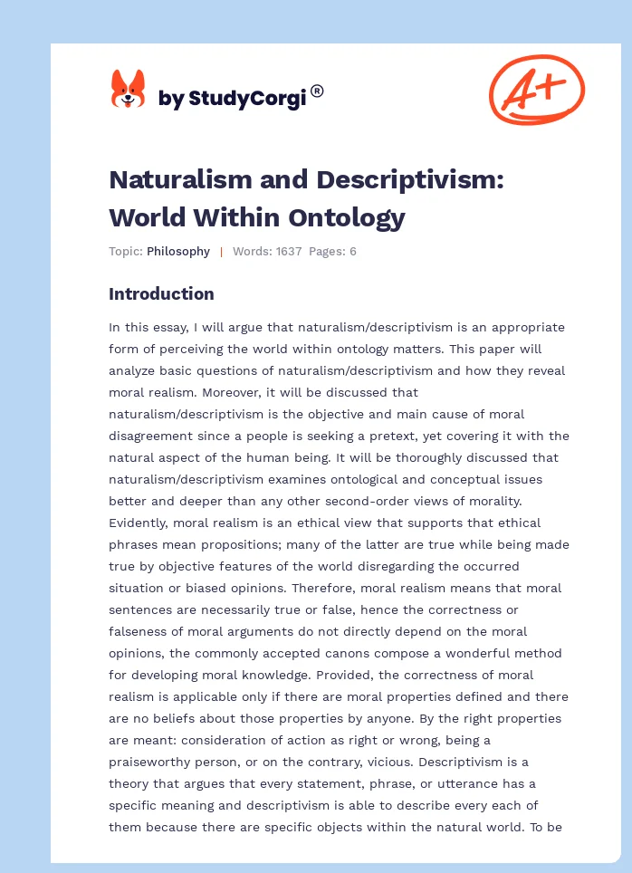 Naturalism and Descriptivism: World Within Ontology. Page 1