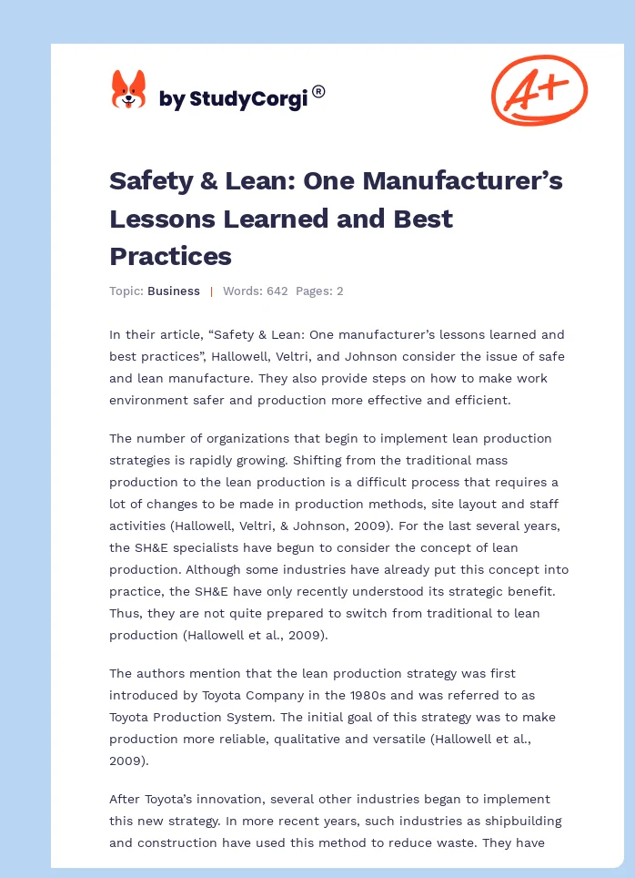 Safety & Lean: One Manufacturer’s Lessons Learned and Best Practices. Page 1