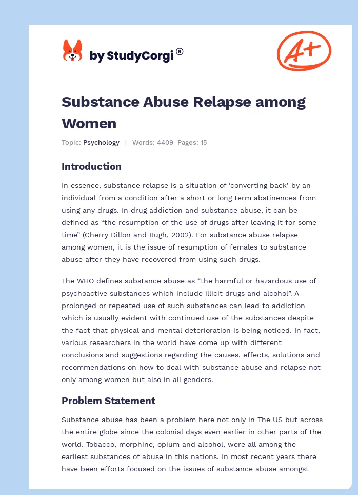 Substance Abuse Relapse among Women. Page 1