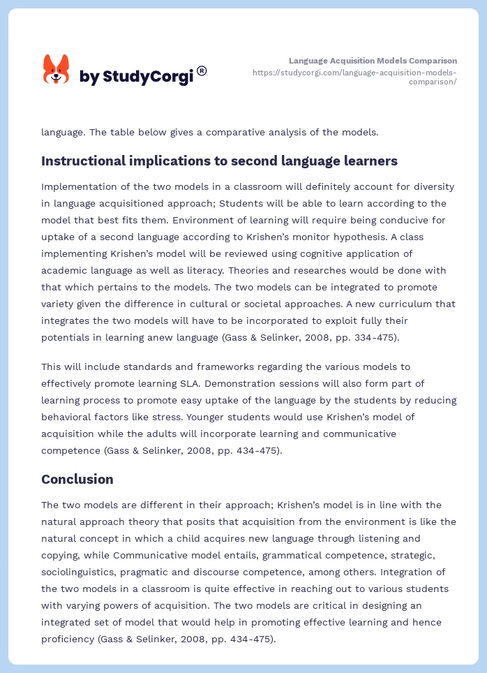 Language Acquisition Models Comparison. Page 2