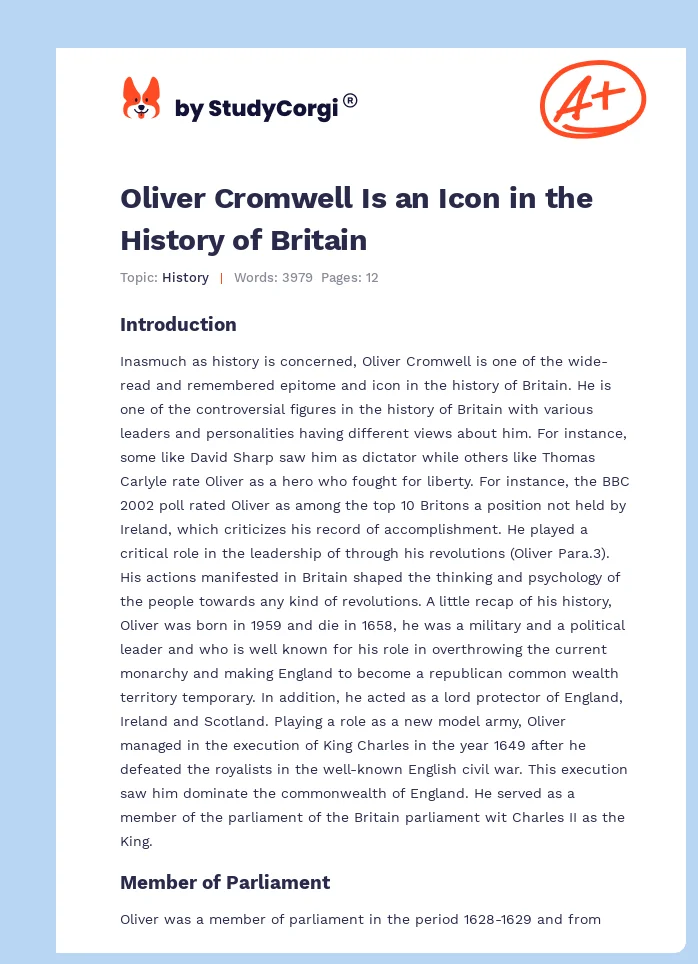 Oliver Cromwell Is an Icon in the History of Britain. Page 1