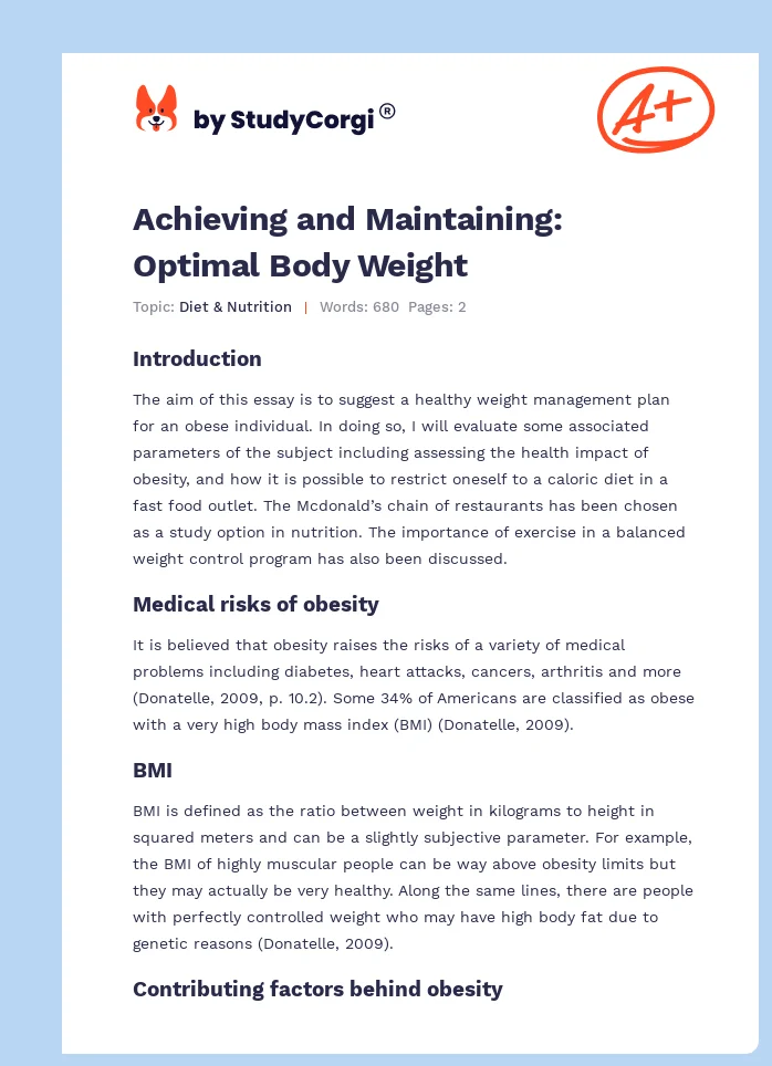 Achieving and Maintaining: Optimal Body Weight. Page 1