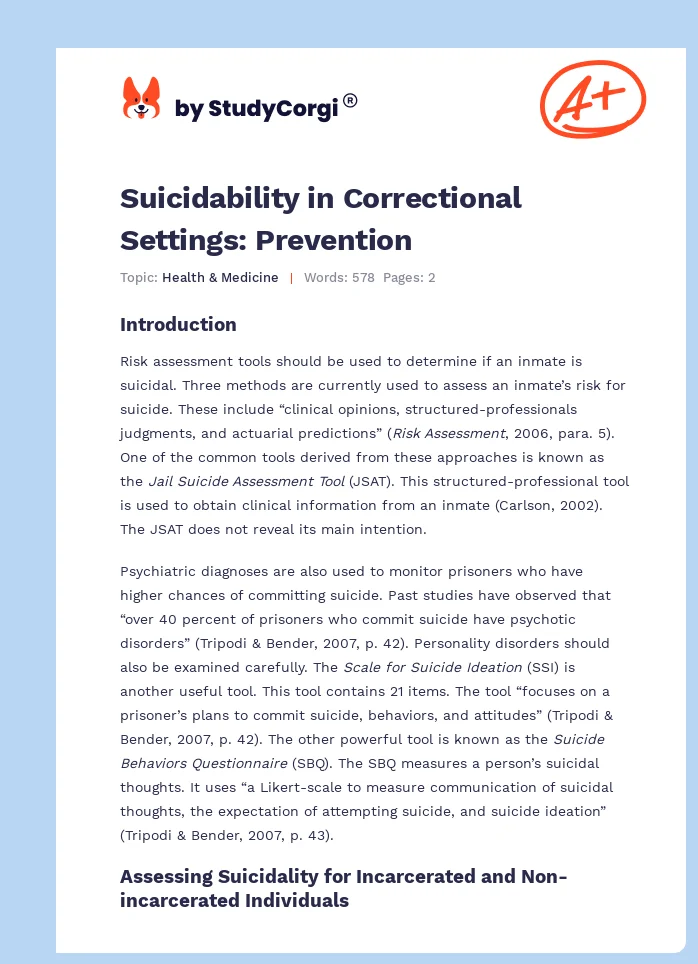 Suicidability in Correctional Settings: Prevention. Page 1