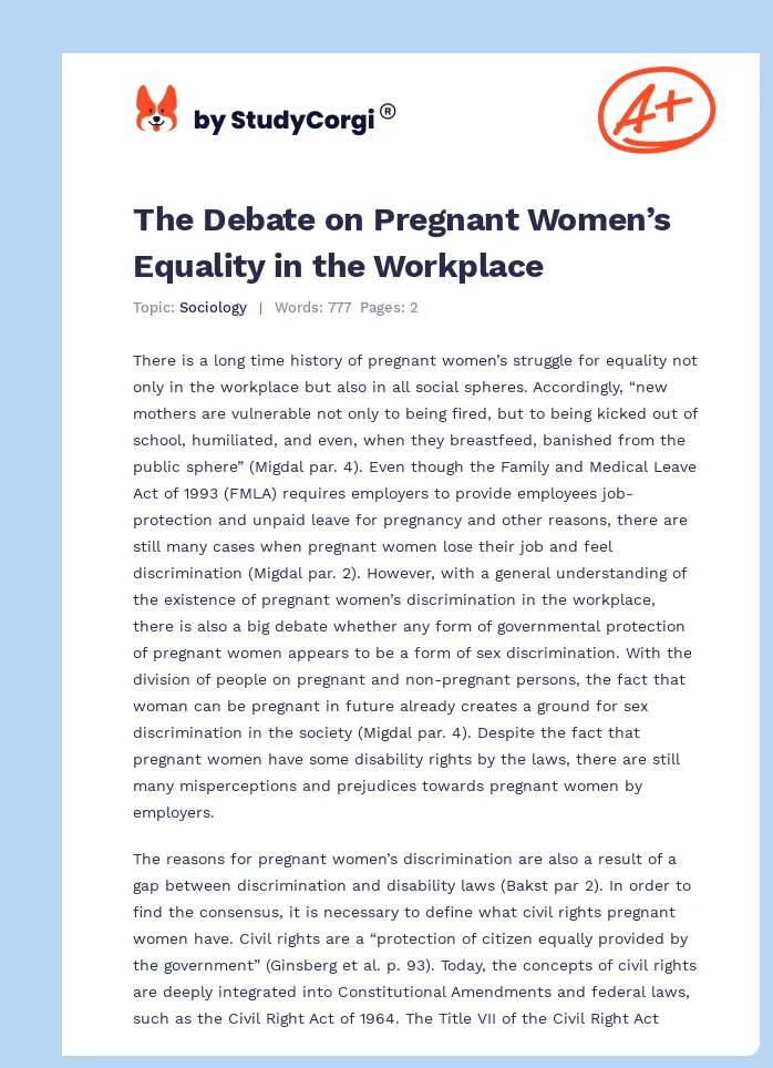 The Debate on Pregnant Women’s Equality in the Workplace. Page 1