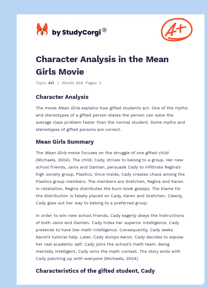 Character Analysis in the Mean Girls Movie. Page 1