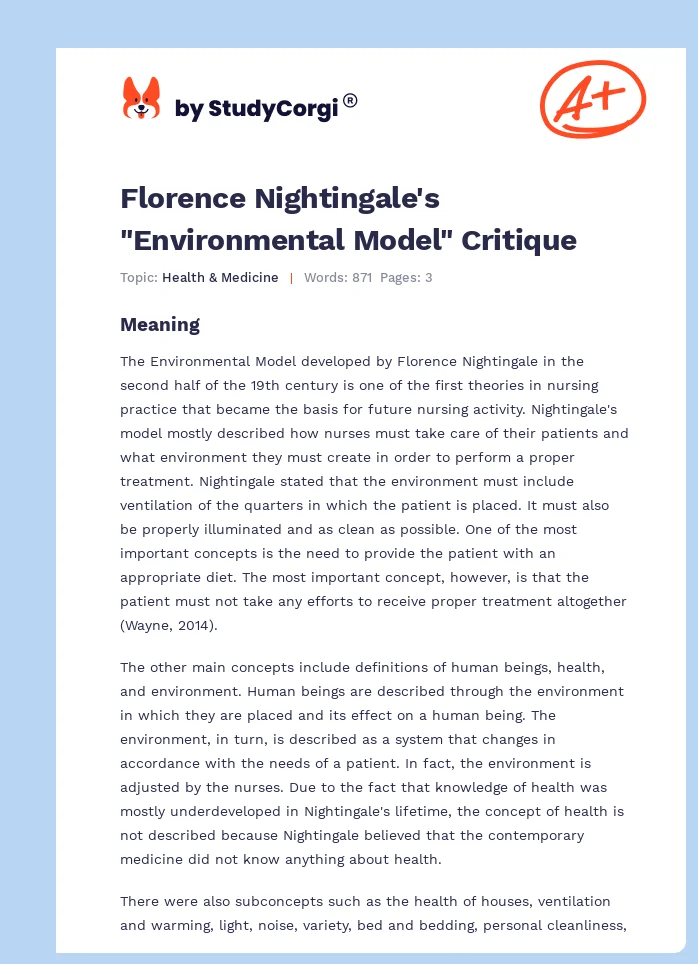 Florence Nightingale's "Environmental Model" Critique. Page 1