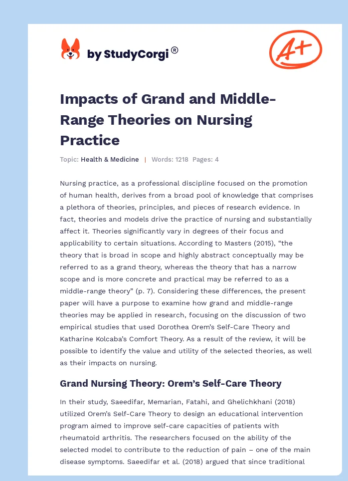 Impacts of Grand and Middle-Range Theories on Nursing Practice. Page 1