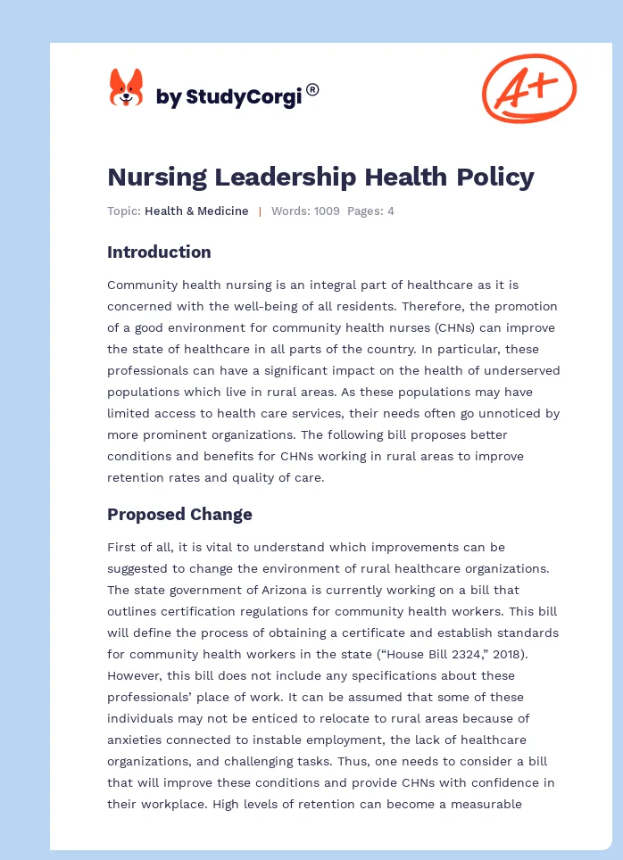 Nursing Leadership Health Policy. Page 1