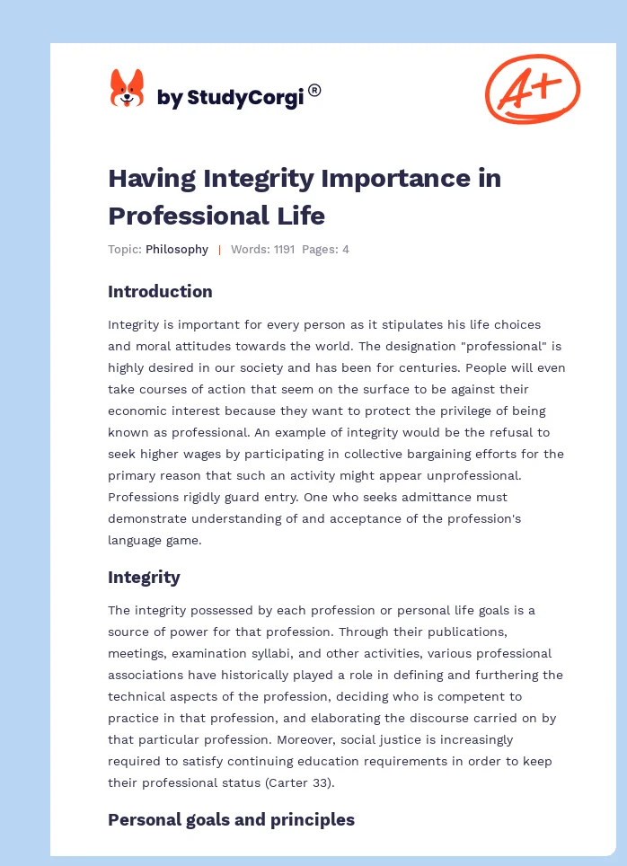 Having Integrity Importance in Professional Life. Page 1