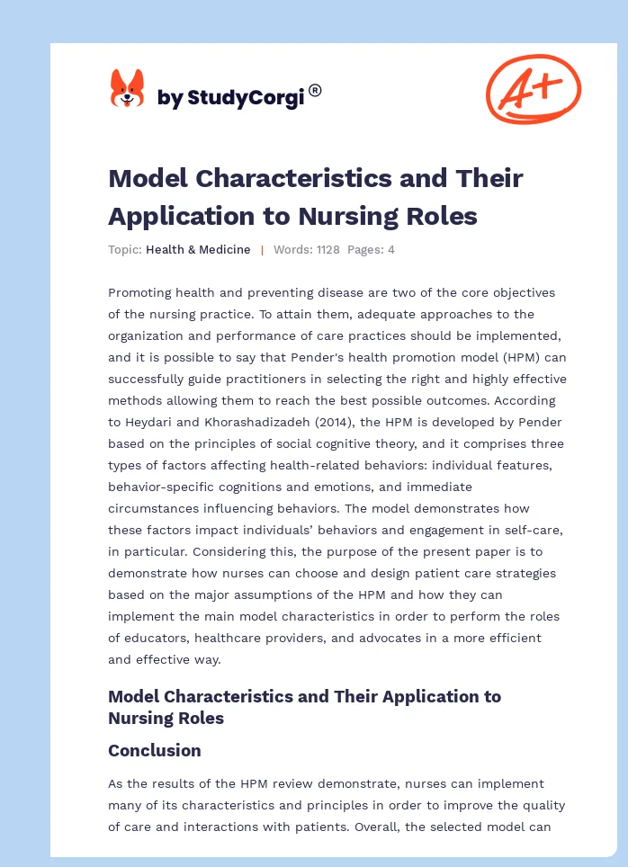 Model Characteristics and Their Application to Nursing Roles. Page 1