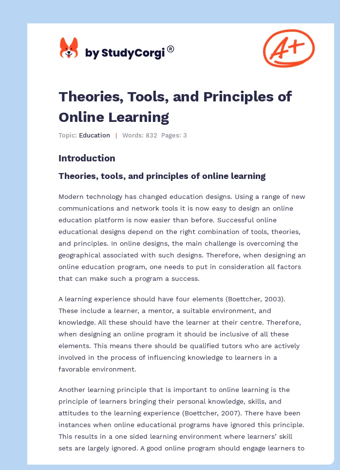 Theories, Tools, and Principles of Online Learning. Page 1