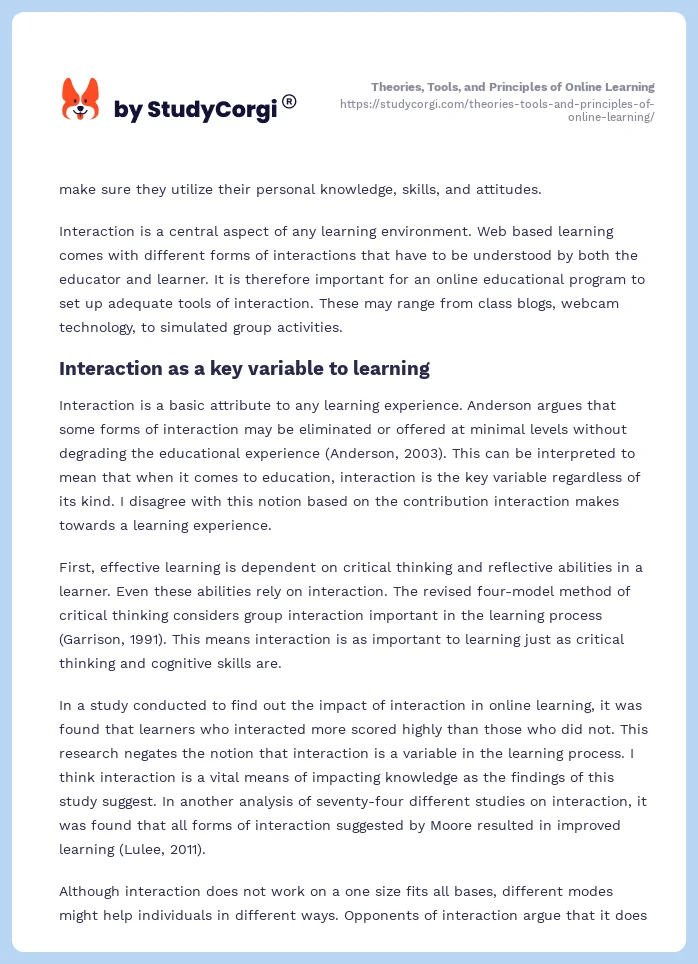 Theories, Tools, and Principles of Online Learning. Page 2